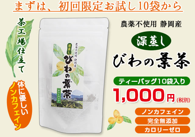 農薬不使用 静岡産 茶工場仕立て 深蒸し びわの葉茶ティーバッグ10袋入り 1,000円（税別）